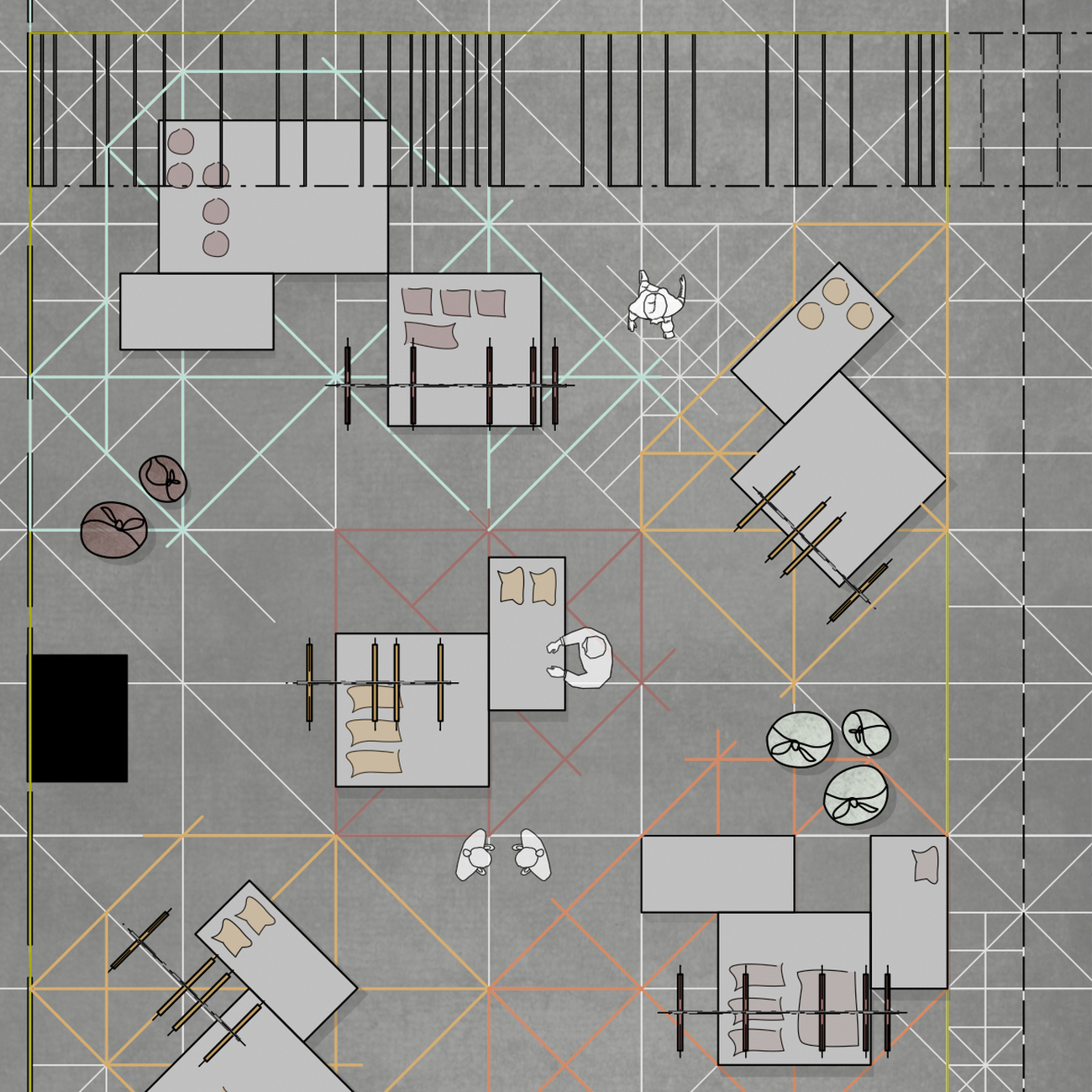 In the installation, the textiles flexibly define the interior and exterior space in different densities and knits.