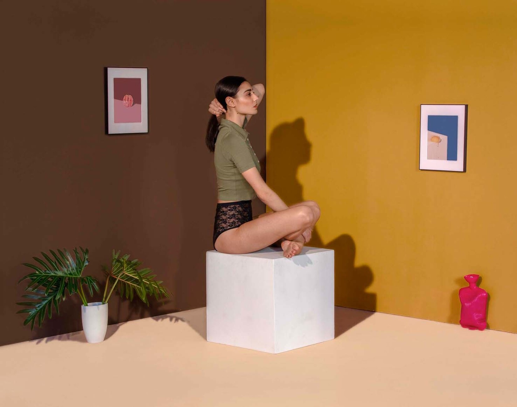 Still life and accessories symbolize female anatomy and menstruation.