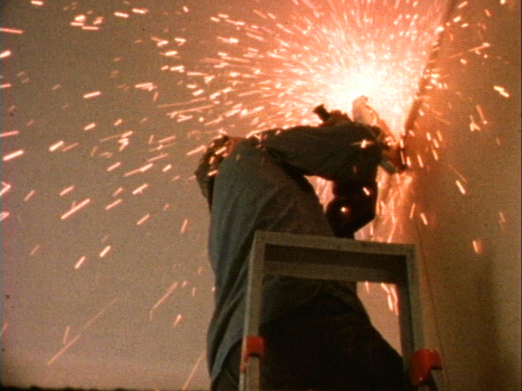 Film still from "Office Baroque", 1977. Matta Clark cut openings through all five storeys of an office building in Antwerp before its final demolition.