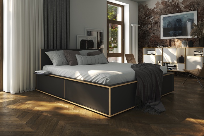 7 spaze bett mit kopfteil holz schwarz 180x200 mit nachttischablage